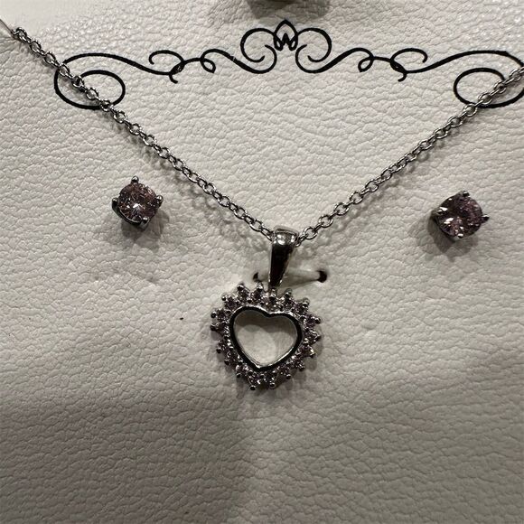 Sterling Silver Heart Pendant Necklace & Earring Set with Pink Cubic Zirconia - Picture 3 of 4